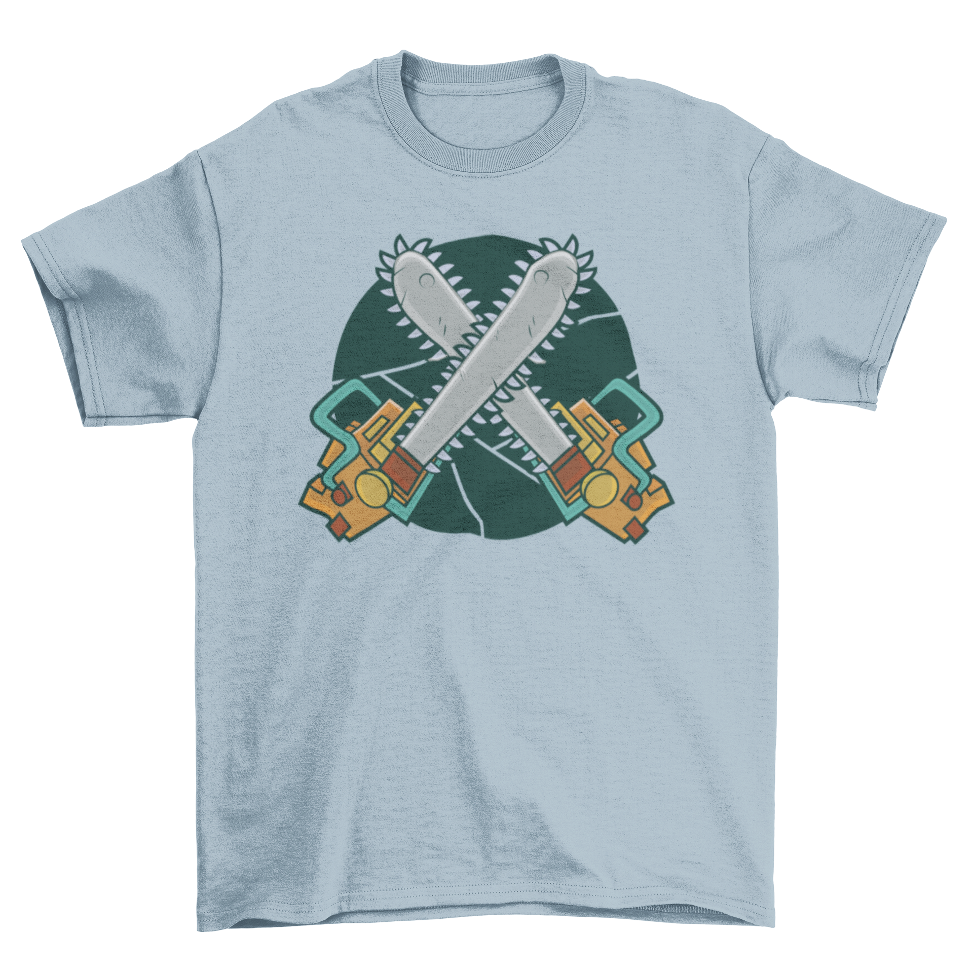 A stylish t-shirt featuring an illustration of two crossed chainsaws, perfect for outdoor enthusiasts.