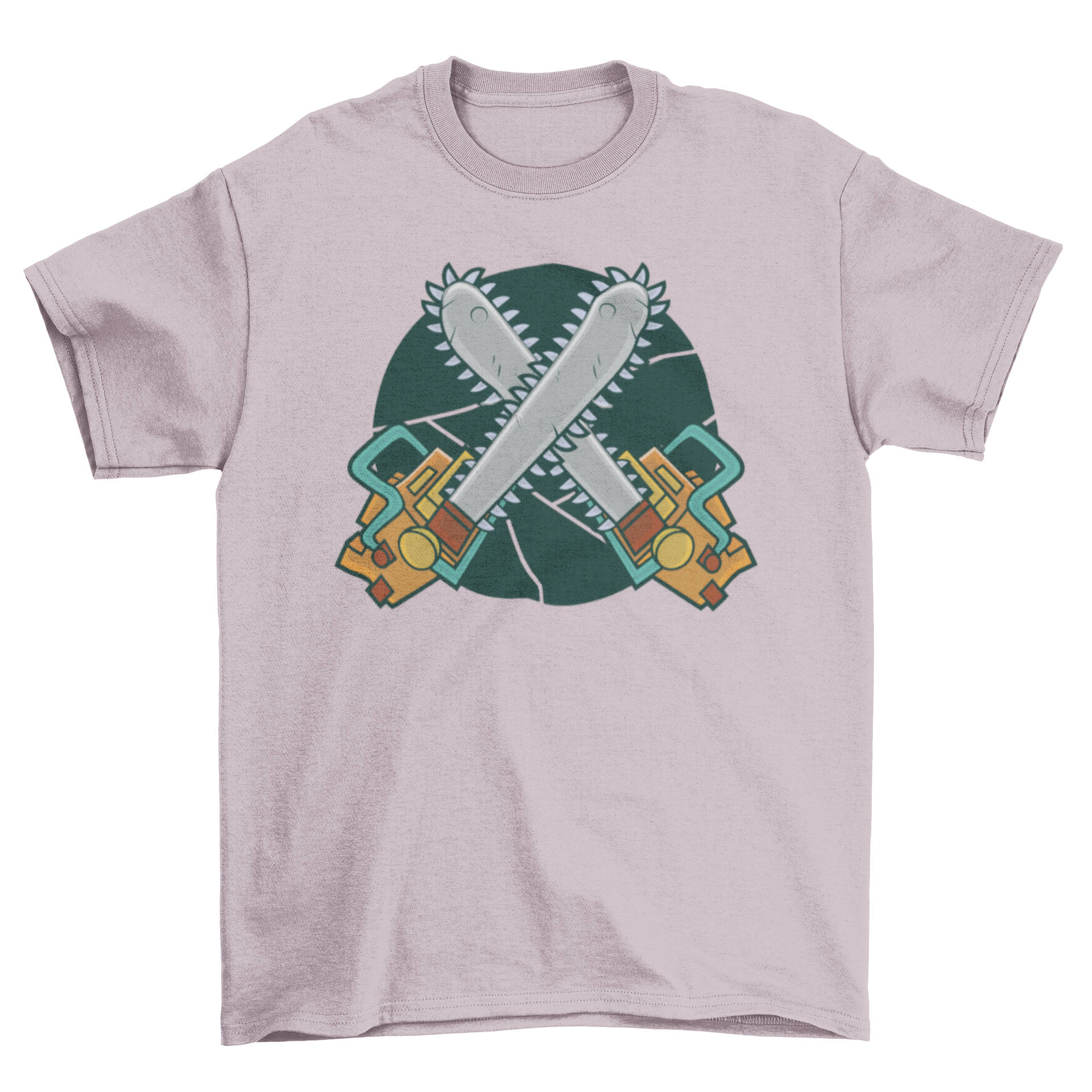 A stylish t-shirt featuring an illustration of two crossed chainsaws, perfect for outdoor enthusiasts.