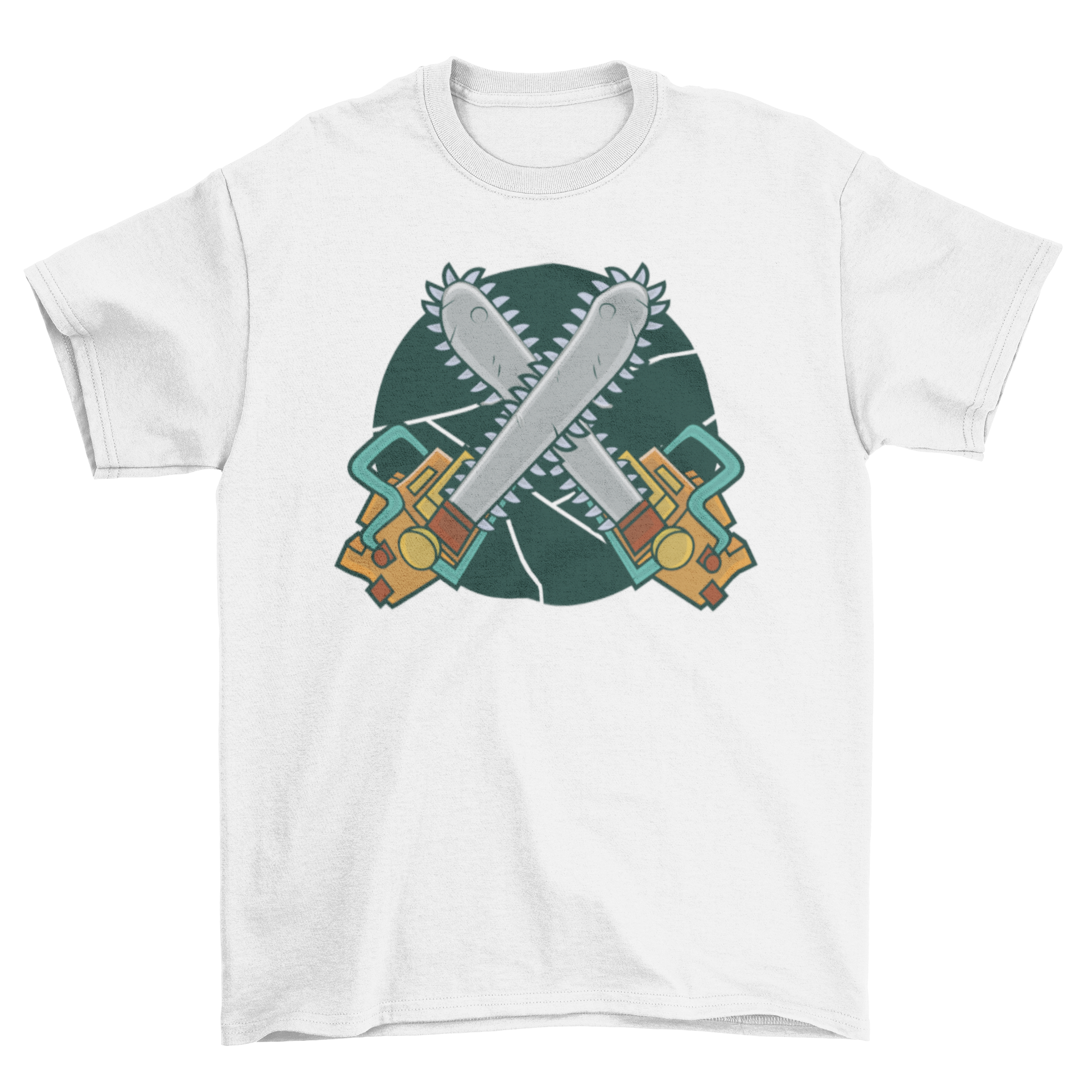 A stylish t-shirt featuring an illustration of two crossed chainsaws, perfect for outdoor enthusiasts.