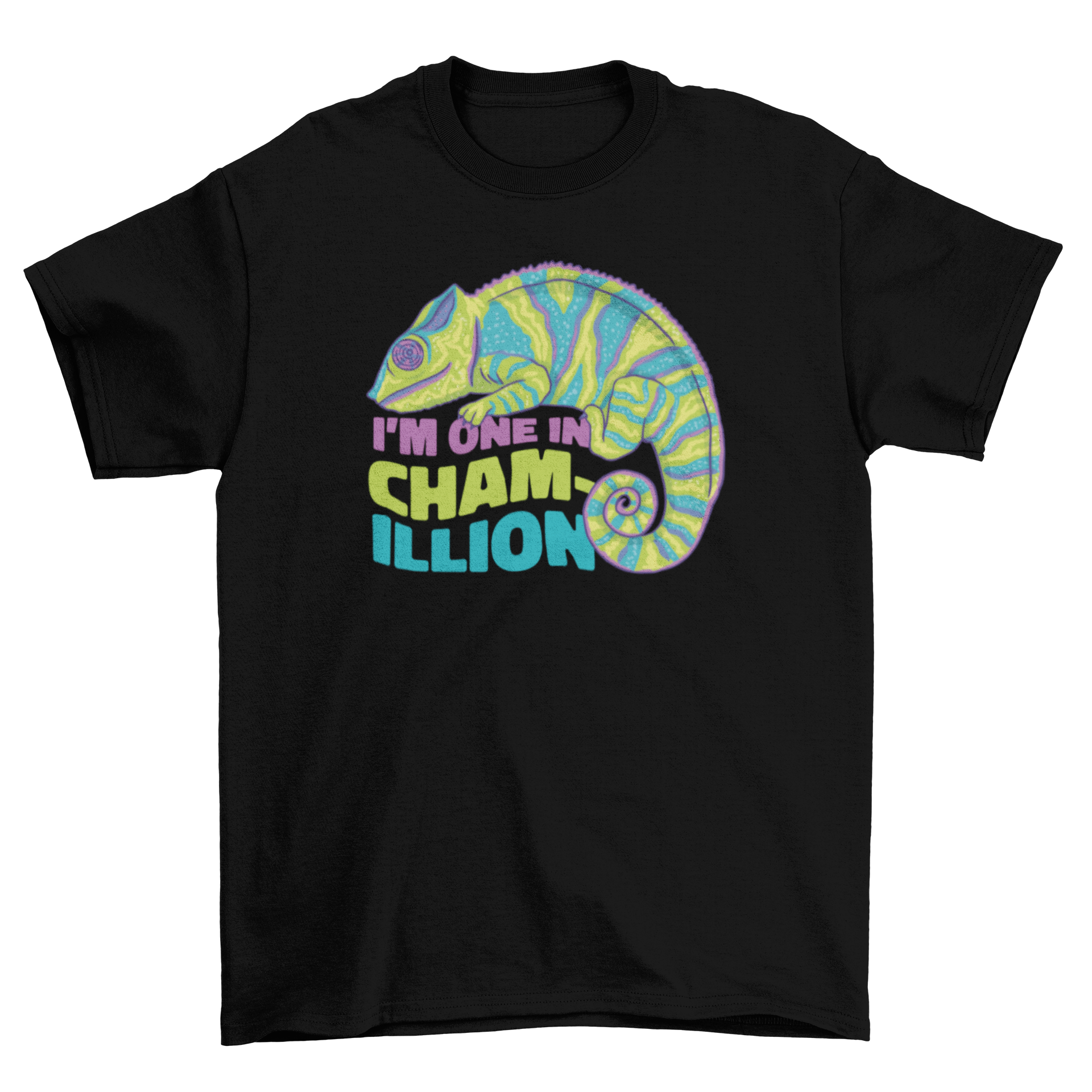 A humorous t-shirt featuring a colorful chameleon and the quote 'I'm one in a chamillion'.