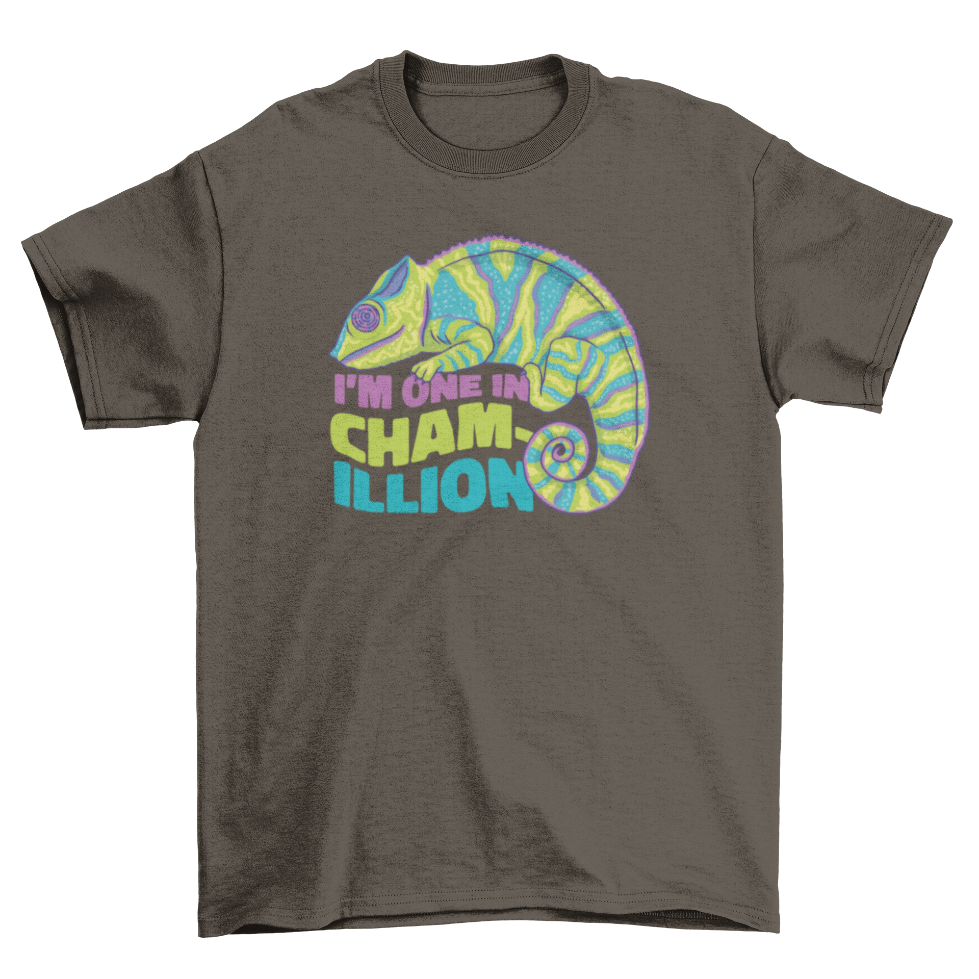 A humorous t-shirt featuring a colorful chameleon and the quote 'I'm one in a chamillion'.