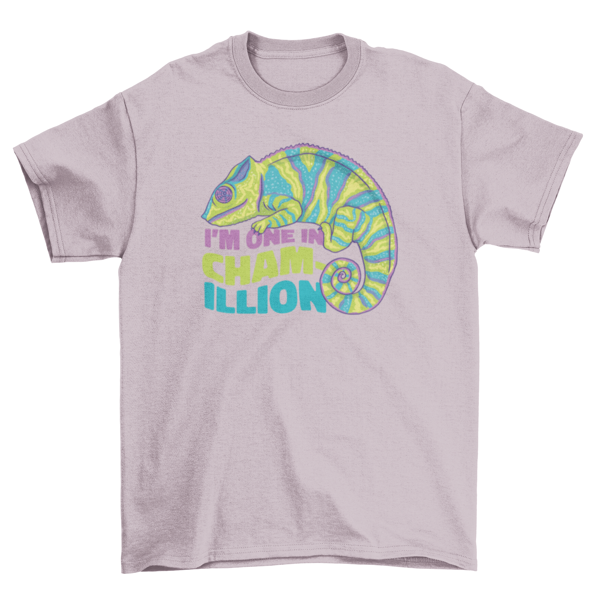 A humorous t-shirt featuring a colorful chameleon and the quote 'I'm one in a chamillion'.