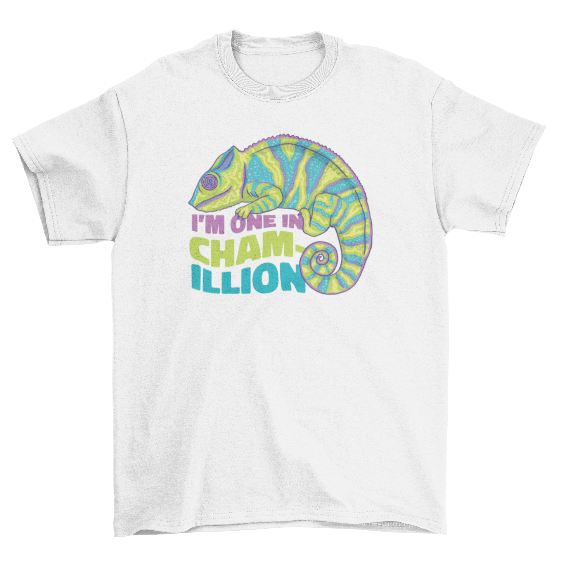 A humorous t-shirt featuring a colorful chameleon and the quote 'I'm one in a chamillion'.