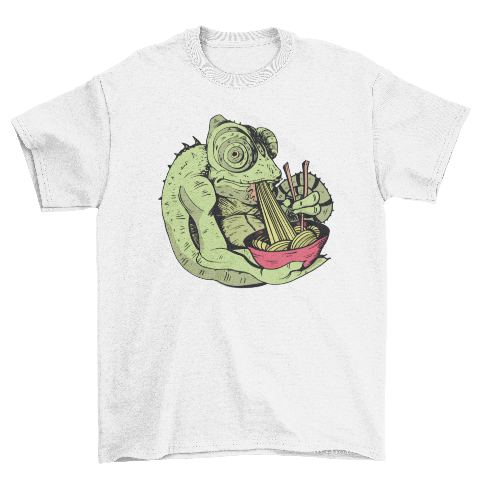 A colorful t-shirt featuring a chameleon eating ramen from a bowl, showcasing a fun and quirky design.