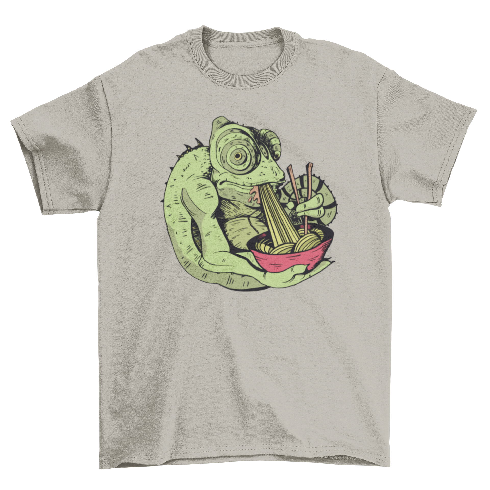 A colorful t-shirt featuring a chameleon eating ramen from a bowl, showcasing a fun and quirky design.