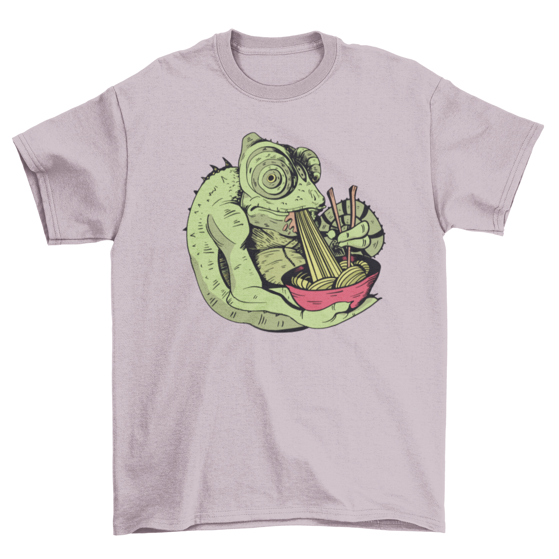 A colorful t-shirt featuring a chameleon eating ramen from a bowl, showcasing a fun and quirky design.