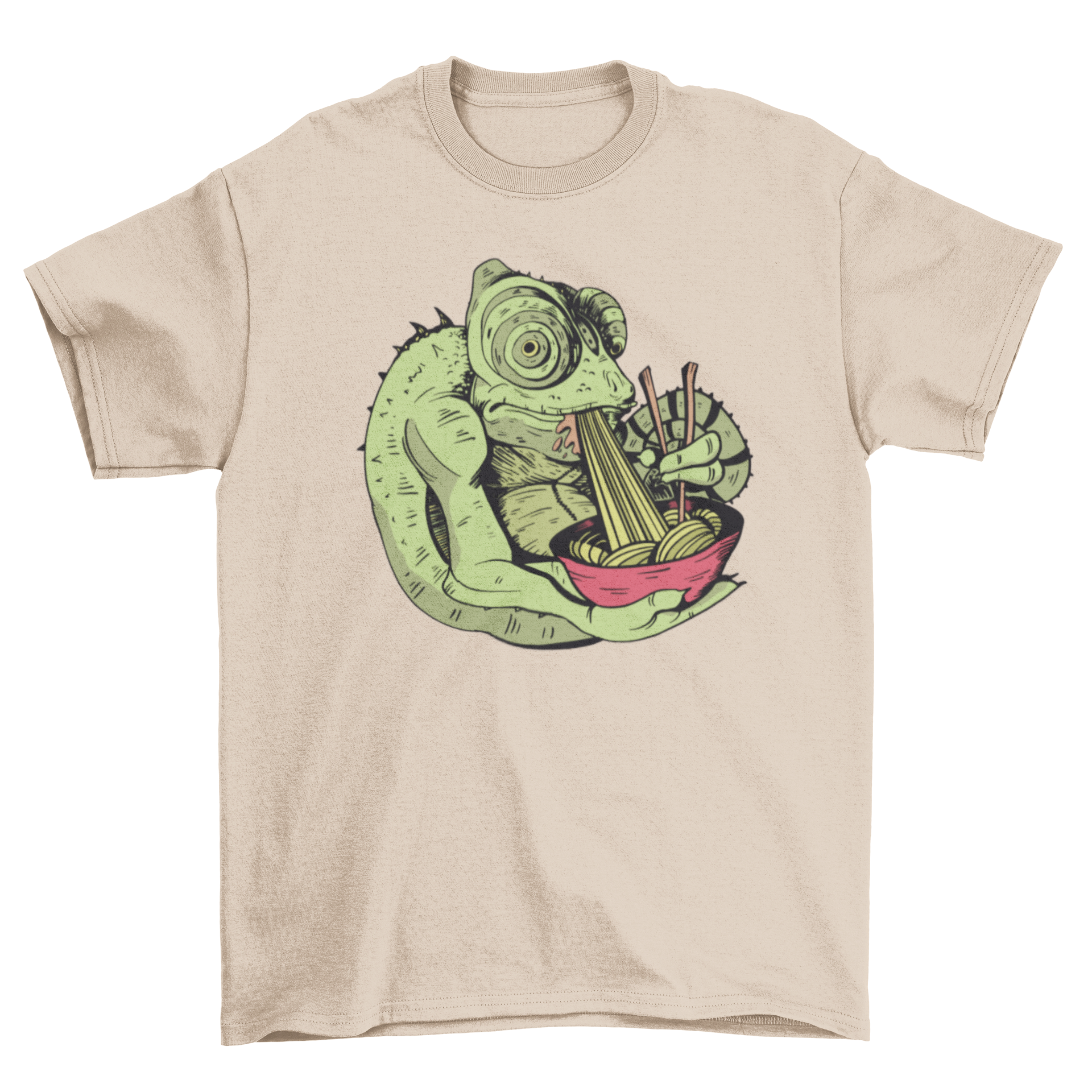 A colorful t-shirt featuring a chameleon eating ramen from a bowl, showcasing a fun and quirky design.