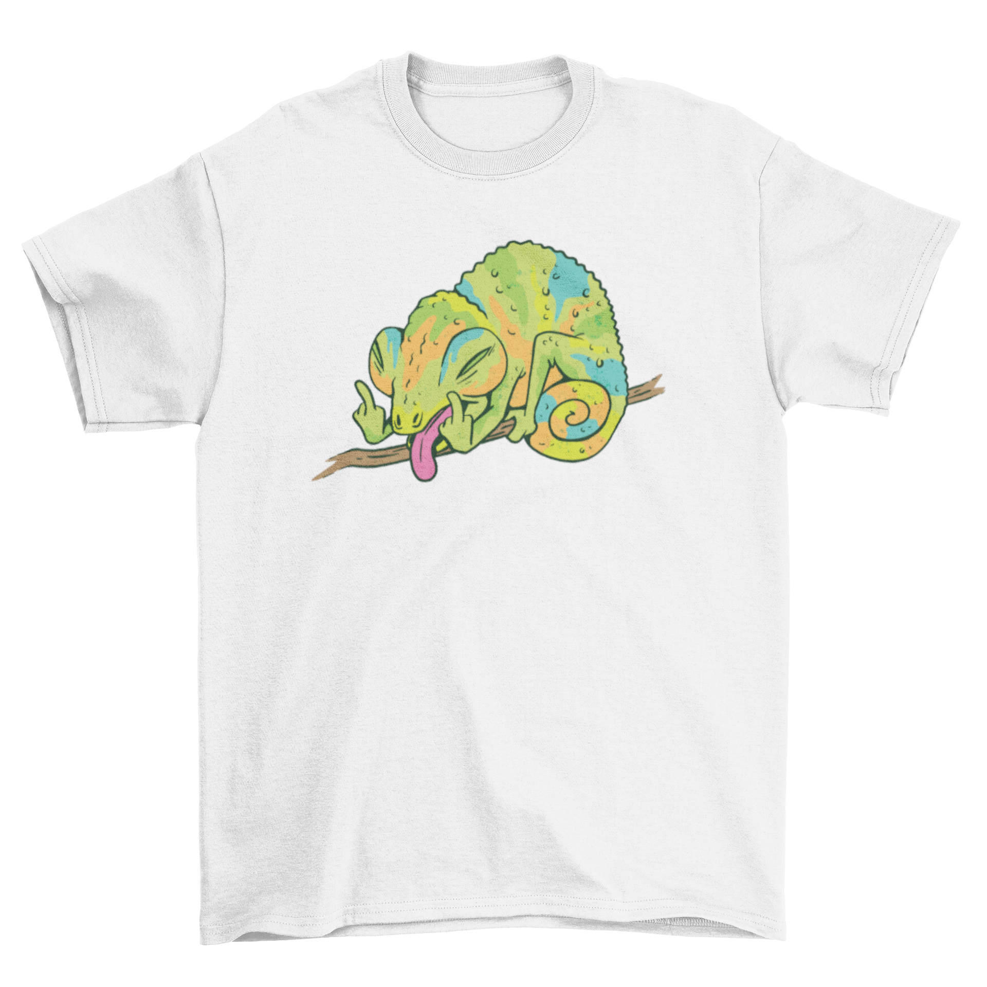 Chameleon funny gesture t-shirt featuring a colorful chameleon making a humorous hand gesture, perfect for casual wear.