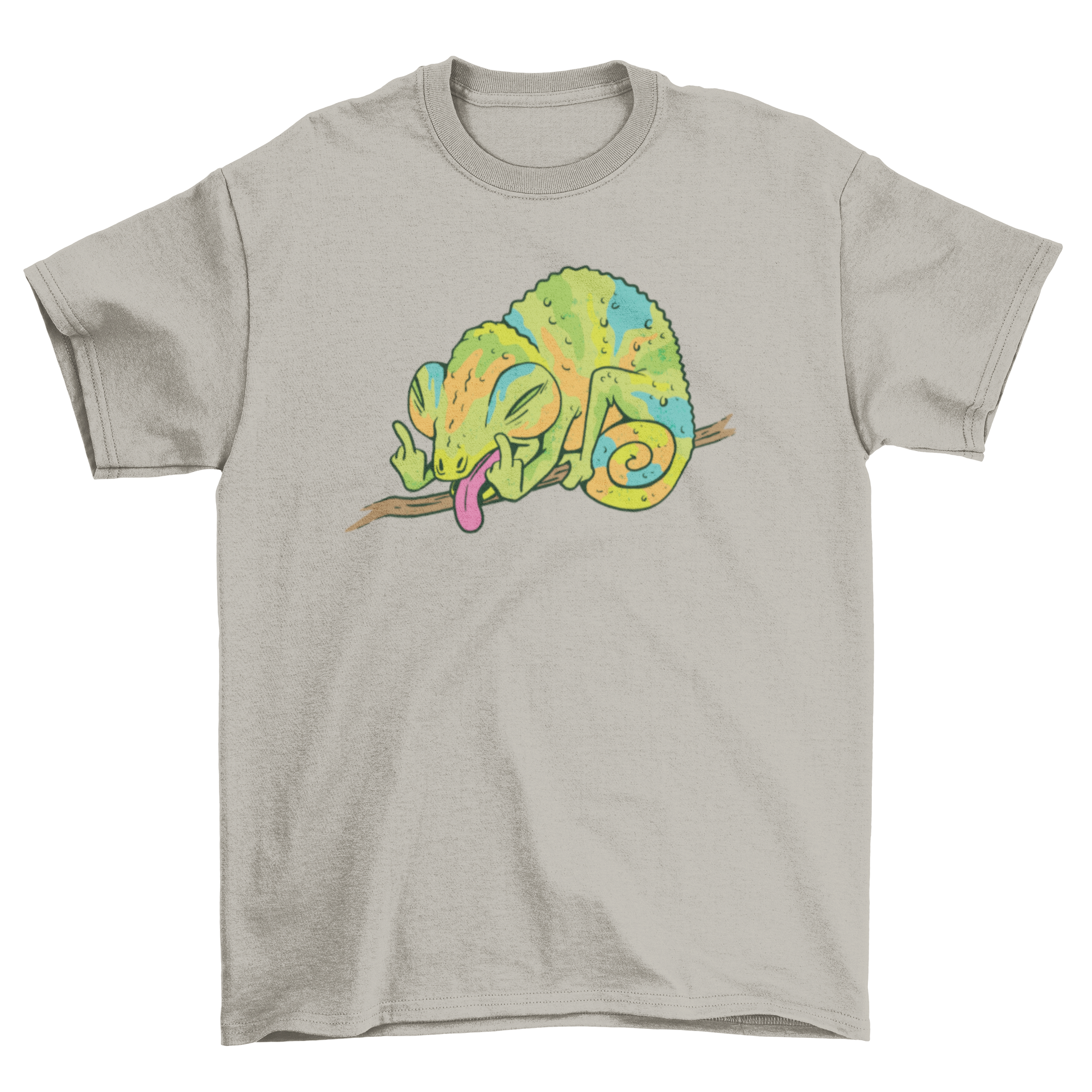 Chameleon funny gesture t-shirt featuring a colorful chameleon making a humorous hand gesture, perfect for casual wear.