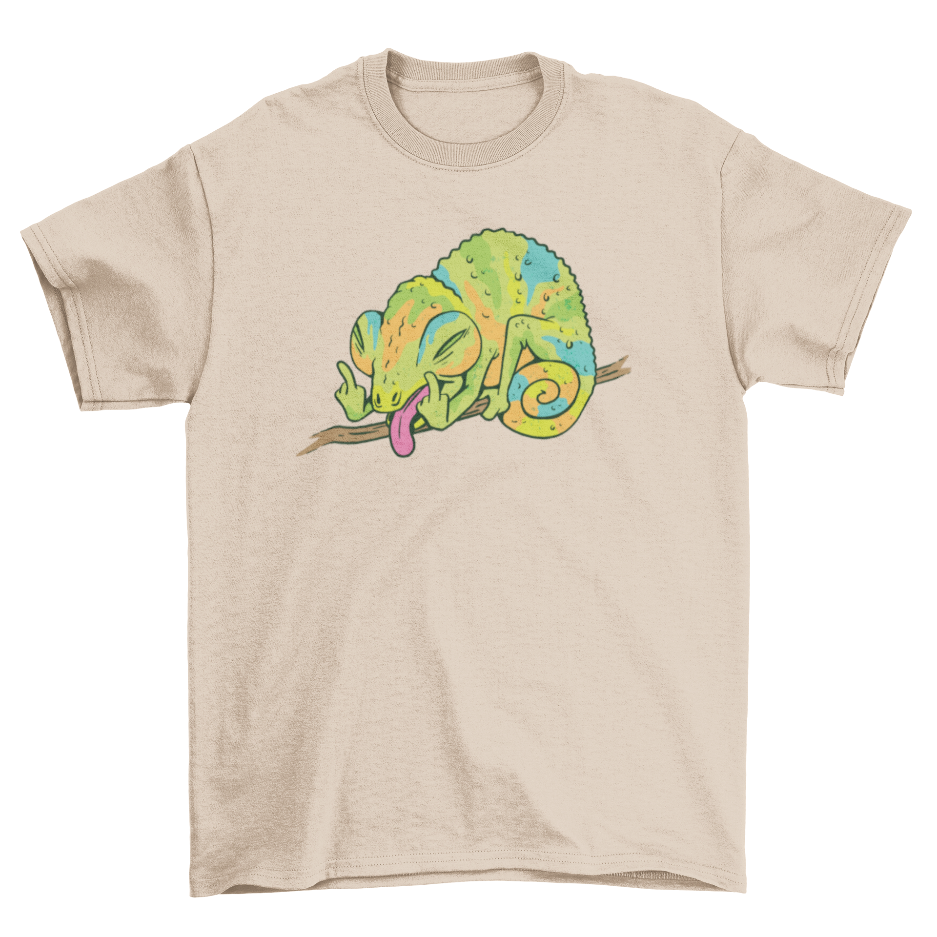 Chameleon funny gesture t-shirt featuring a colorful chameleon making a humorous hand gesture, perfect for casual wear.