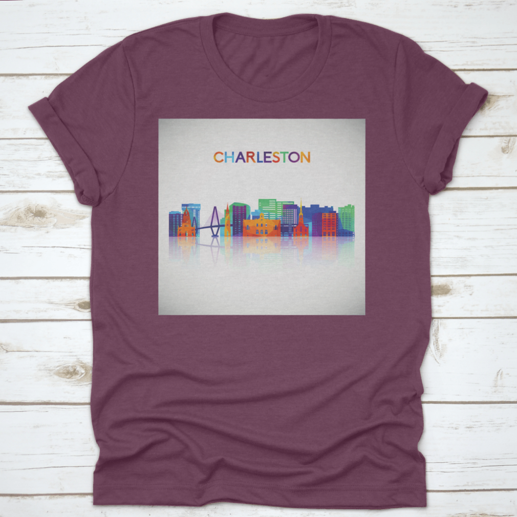 Colorful geometric silhouette of the Charleston skyline, showcasing iconic buildings in vibrant hues.