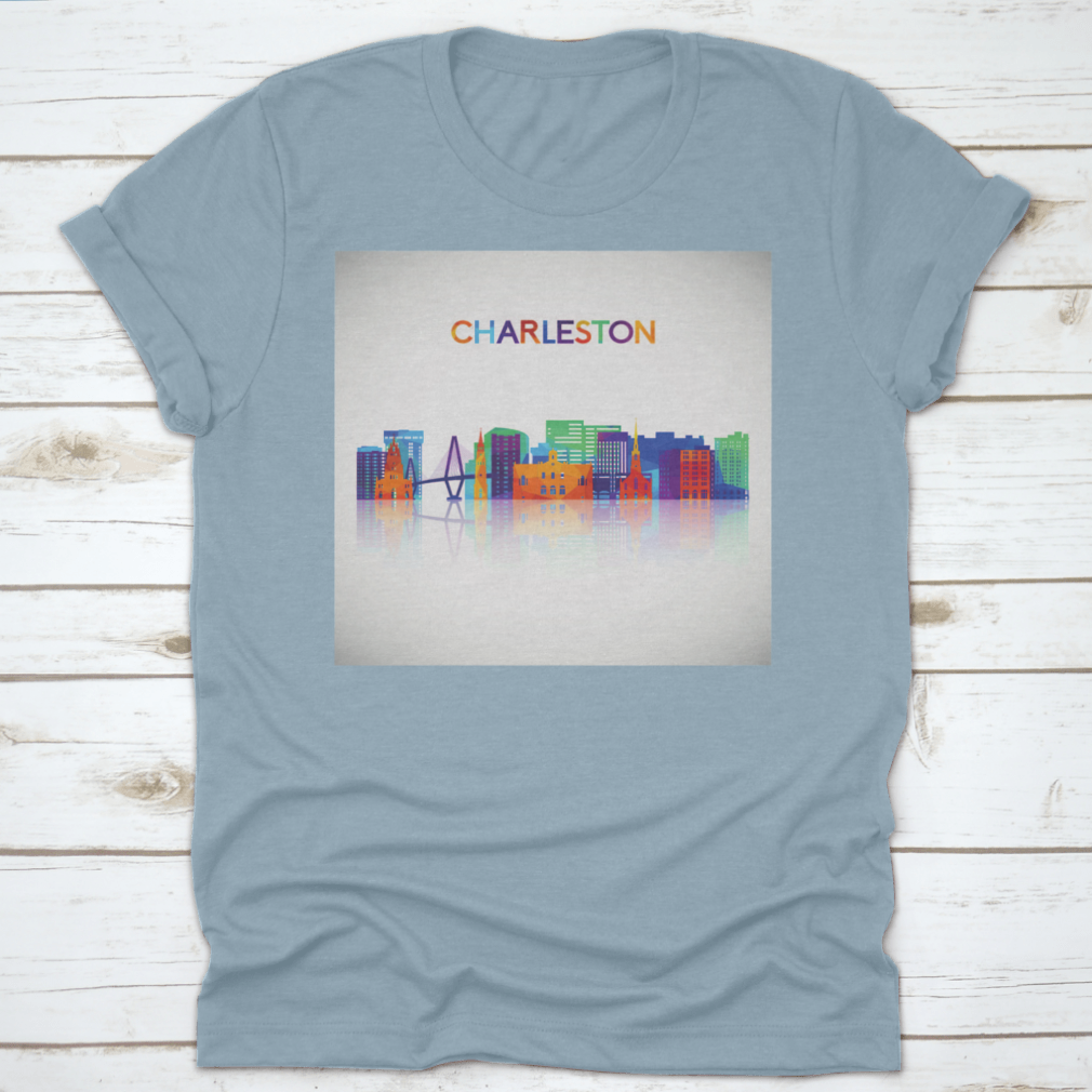 Colorful geometric silhouette of the Charleston skyline, showcasing iconic buildings in vibrant hues.