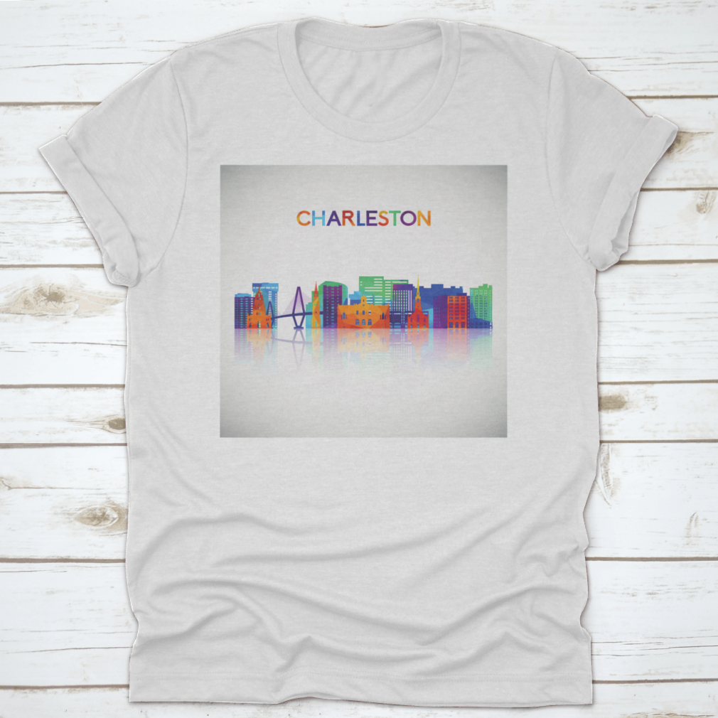 Colorful geometric silhouette of the Charleston skyline, showcasing iconic buildings in vibrant hues.