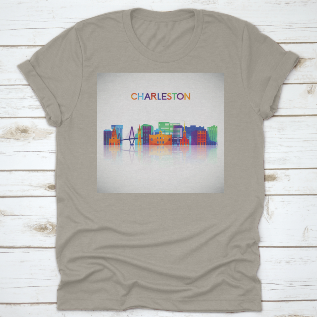 Colorful geometric silhouette of the Charleston skyline, showcasing iconic buildings in vibrant hues.