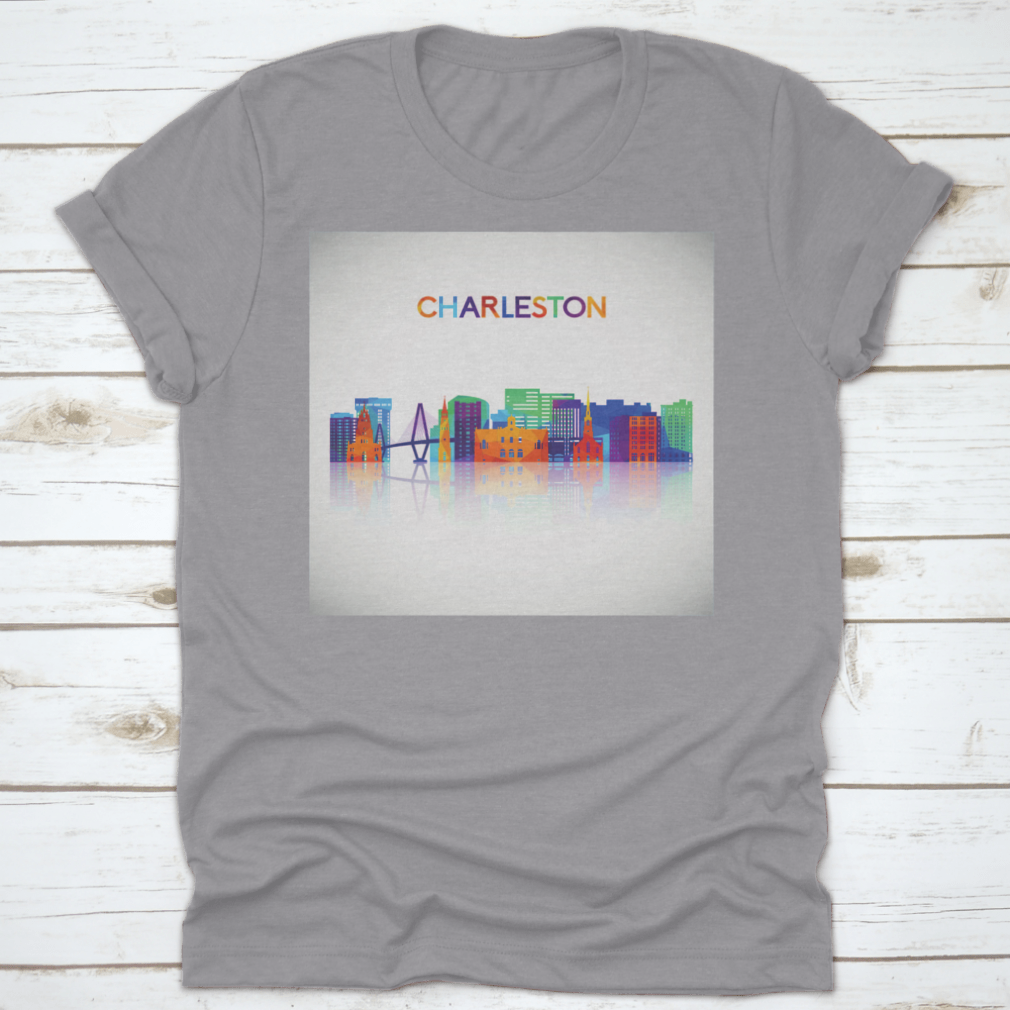 Colorful geometric silhouette of the Charleston skyline, showcasing iconic buildings in vibrant hues.