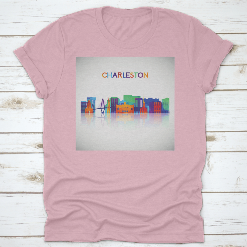 Colorful geometric silhouette of the Charleston skyline, showcasing iconic buildings in vibrant hues.