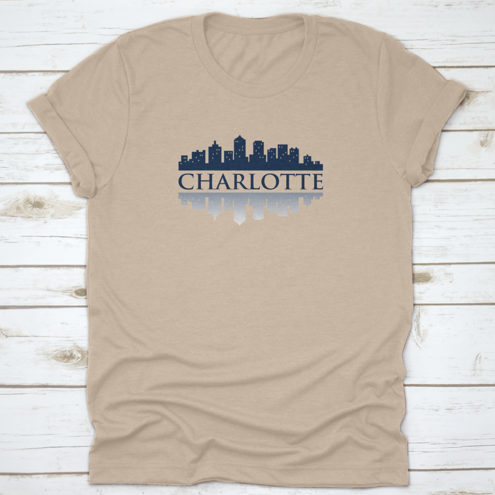 Charlotte Skyline City Silhouette and Reflection Logo Shirt, showcasing a stylish design on a comfortable cotton fabric.