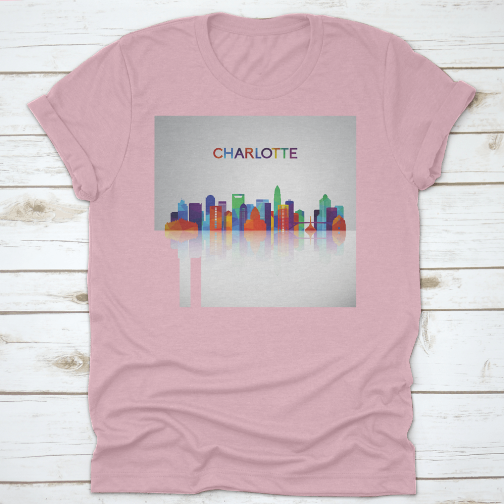 Colorful geometric silhouette of the Charlotte skyline, showcasing vibrant colors and modern design elements.