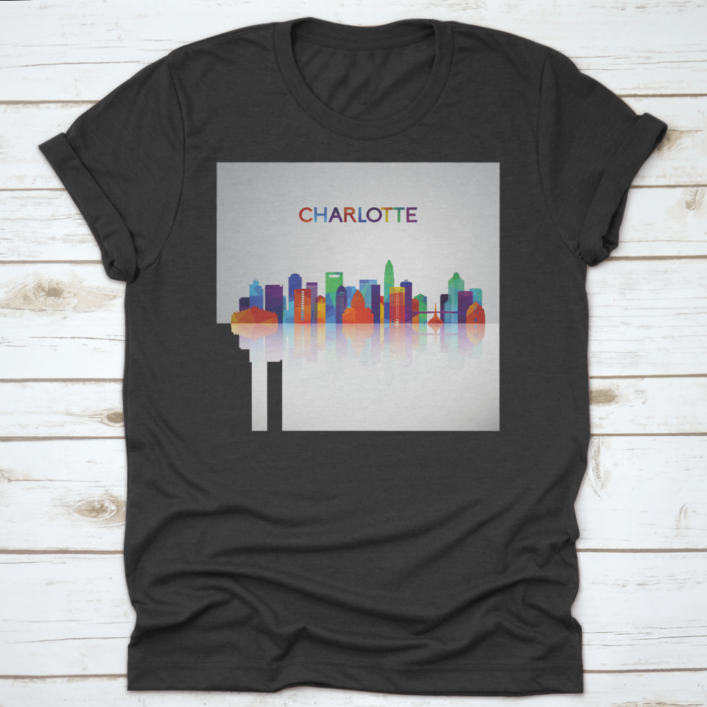 Colorful geometric silhouette of the Charlotte skyline, showcasing vibrant colors and modern design elements.