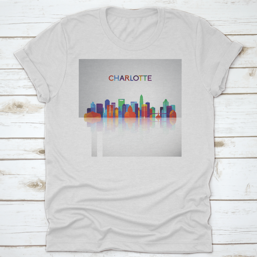 Colorful geometric silhouette of the Charlotte skyline, showcasing vibrant colors and modern design elements.