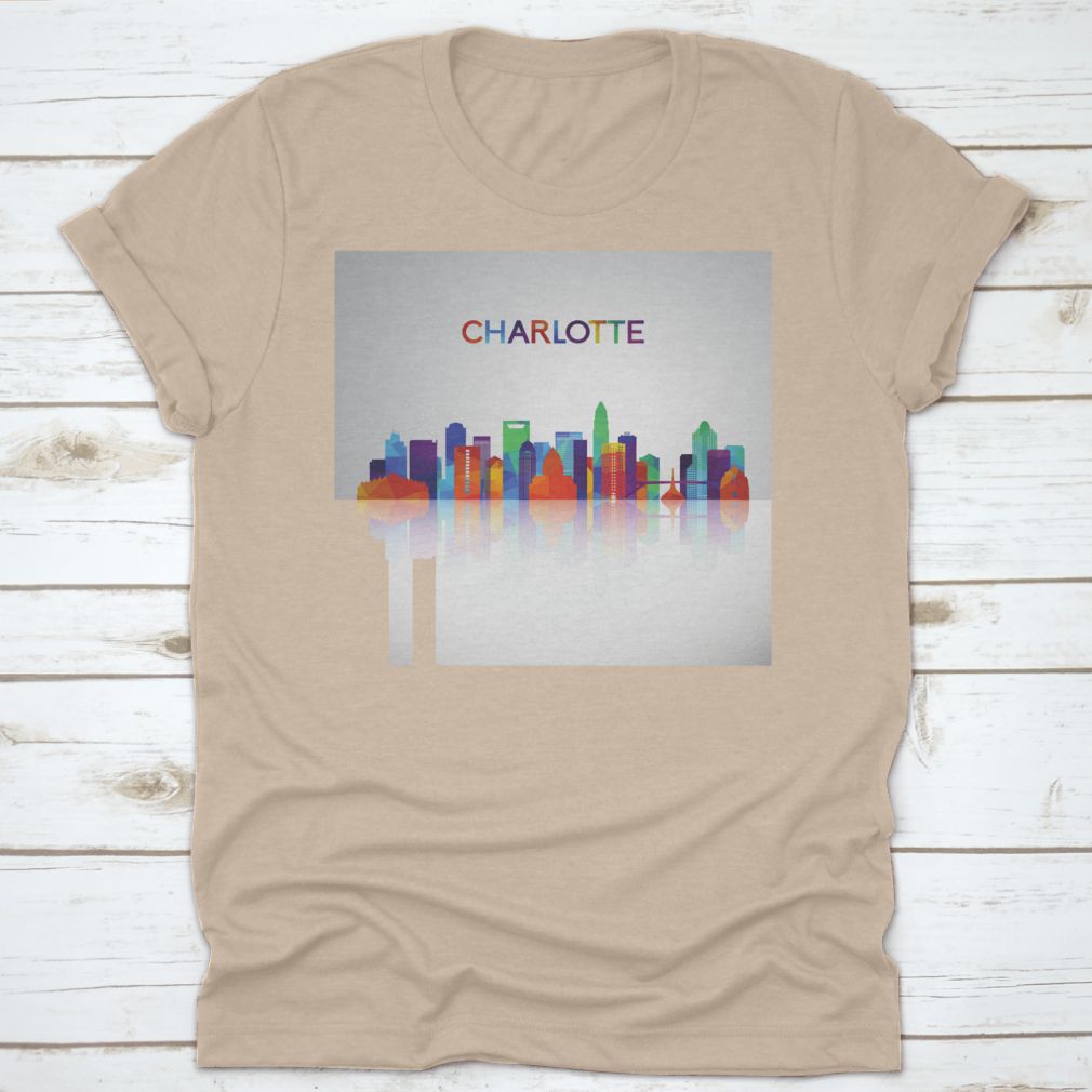 Colorful geometric silhouette of the Charlotte skyline, showcasing vibrant colors and modern design elements.