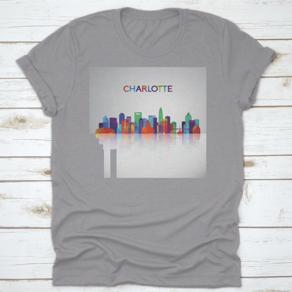 Colorful geometric silhouette of the Charlotte skyline, showcasing vibrant colors and modern design elements.