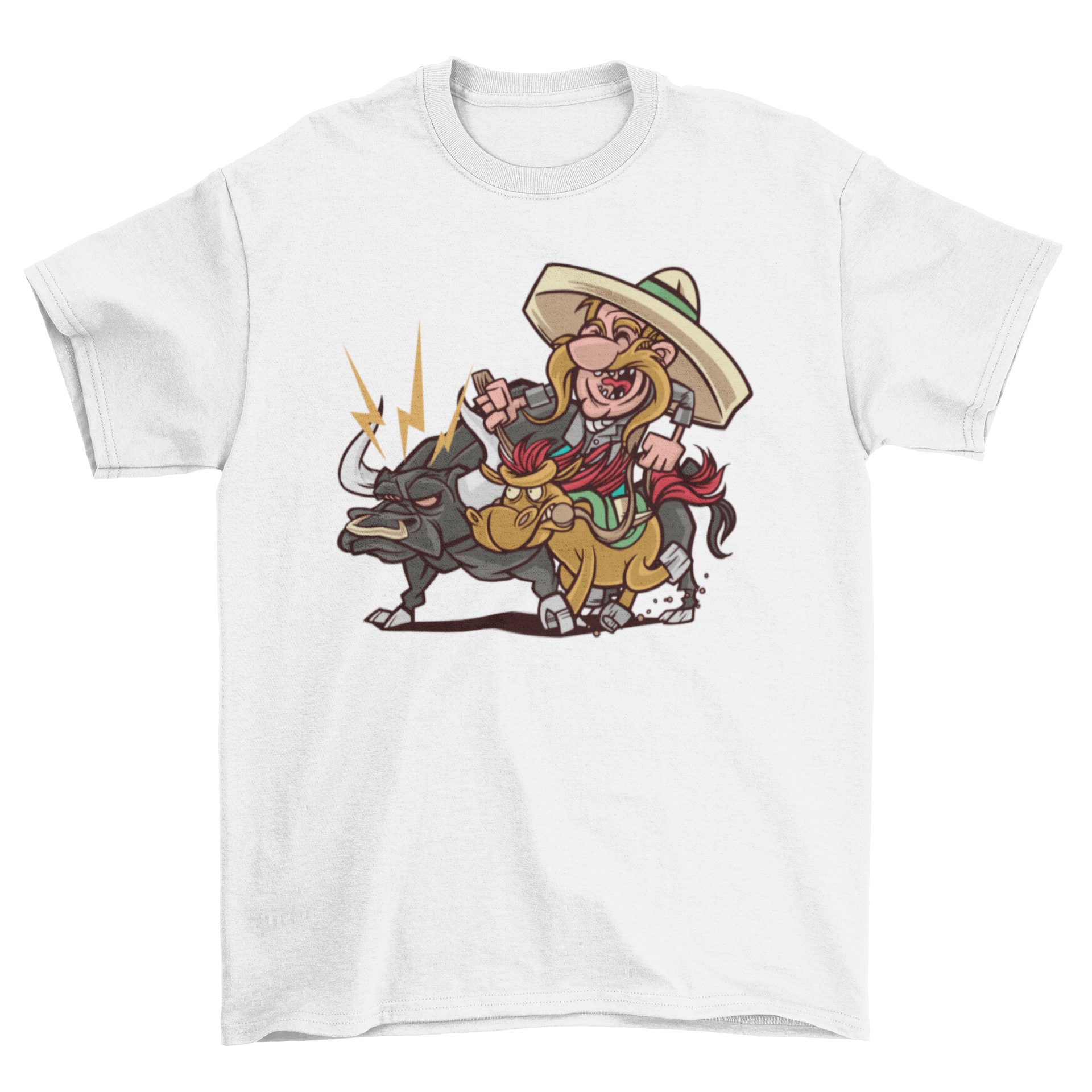 Charro bull t-shirt featuring a man practicing charrería, showcasing vibrant colors and dynamic design.