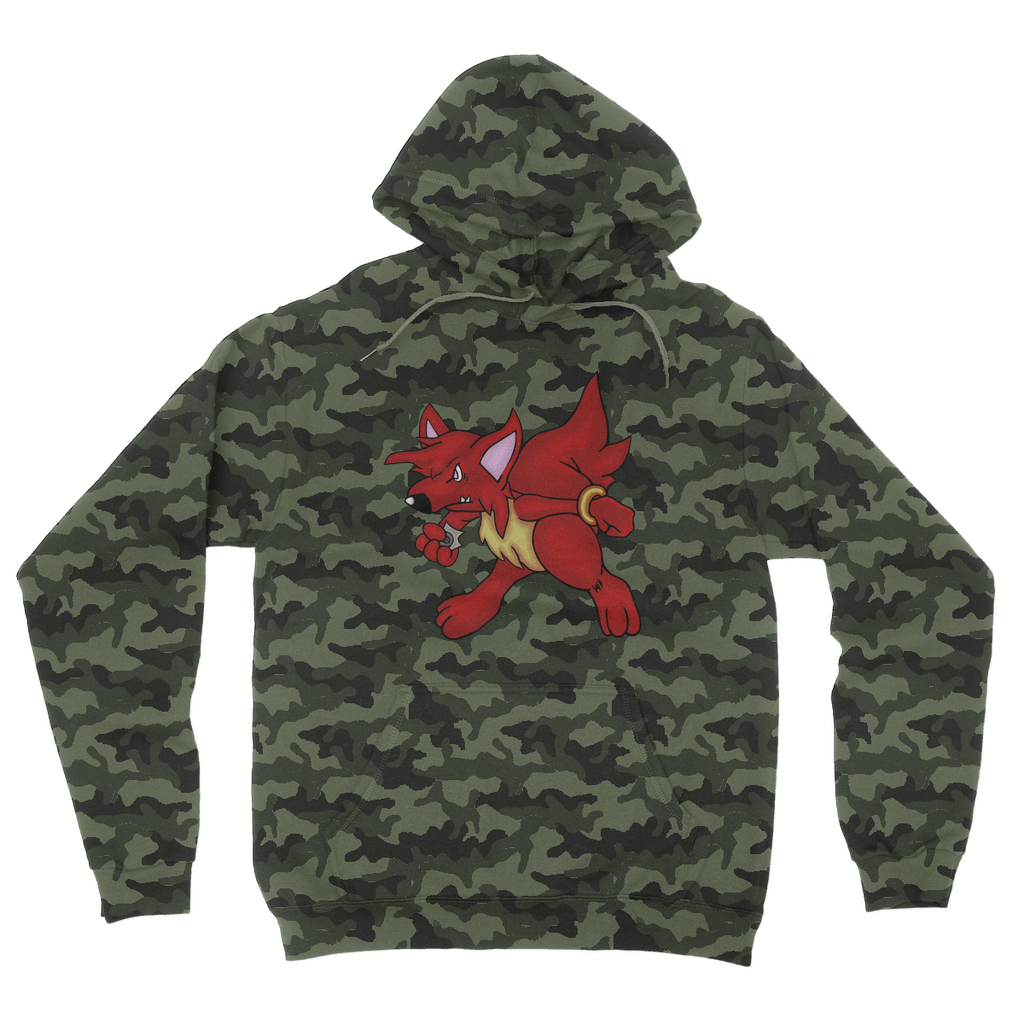 CharVees Camouflage Adult Hoodie featuring an all-over camo design, double fabric hood, and kangaroo pouch pocket.