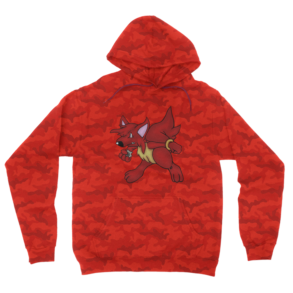 CharVees Camouflage Adult Hoodie featuring an all-over camo design, double fabric hood, and kangaroo pouch pocket.