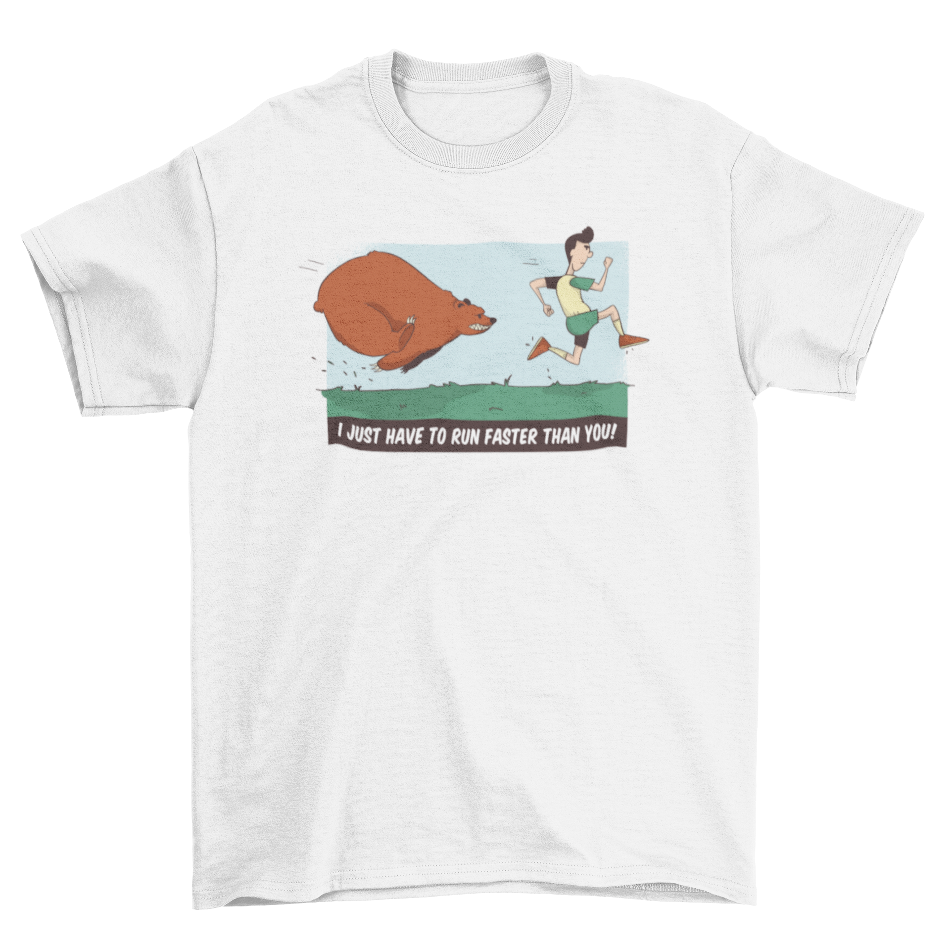 Chasing Bear T-Shirt featuring a bear chasing a runner with humorous text.