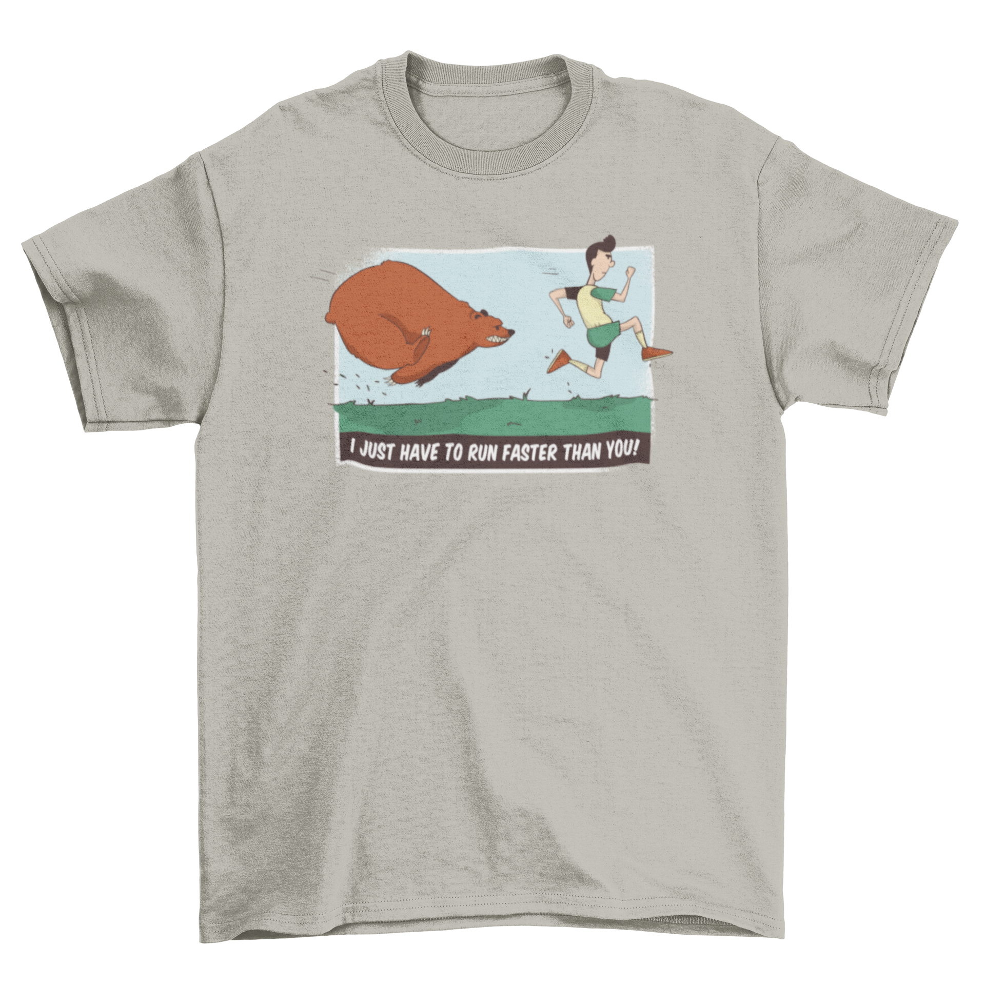 Chasing Bear T-Shirt featuring a bear chasing a runner with humorous text.