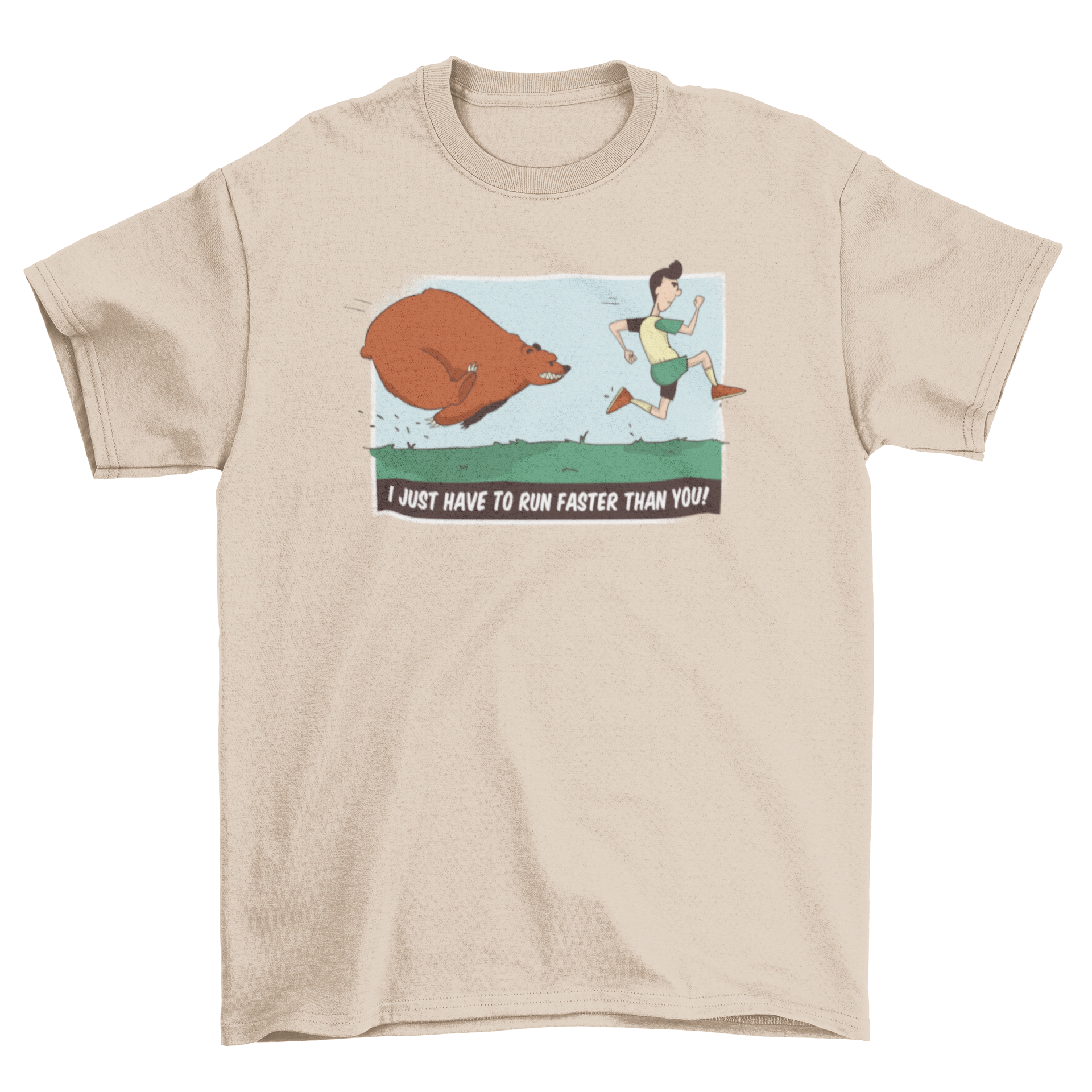 Chasing Bear T-Shirt featuring a bear chasing a runner with humorous text.