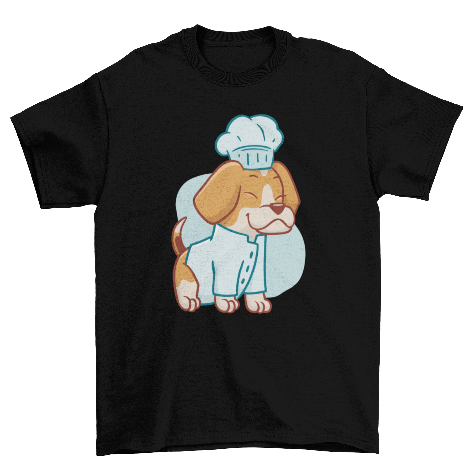 A cute t-shirt featuring a beagle dog dressed as a chef, showcasing a whimsical and playful design.