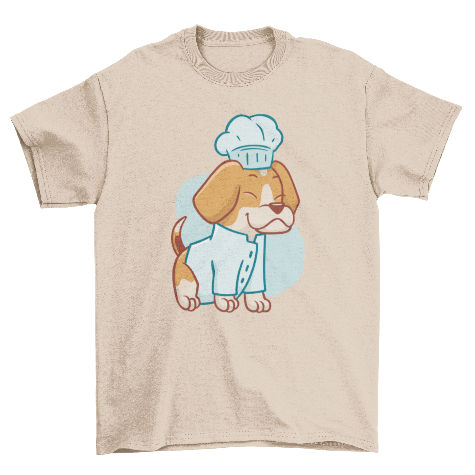 A cute t-shirt featuring a beagle dog dressed as a chef, showcasing a whimsical and playful design.