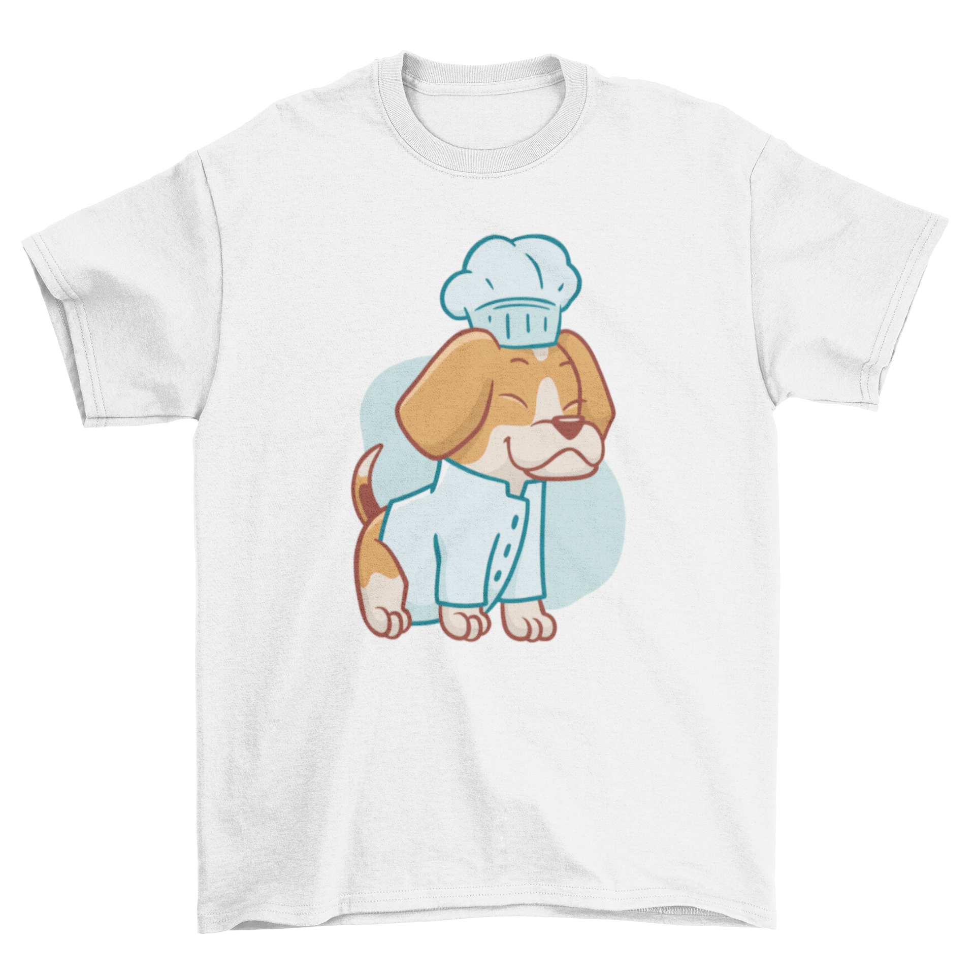 A cute t-shirt featuring a beagle dog dressed as a chef, showcasing a whimsical and playful design.