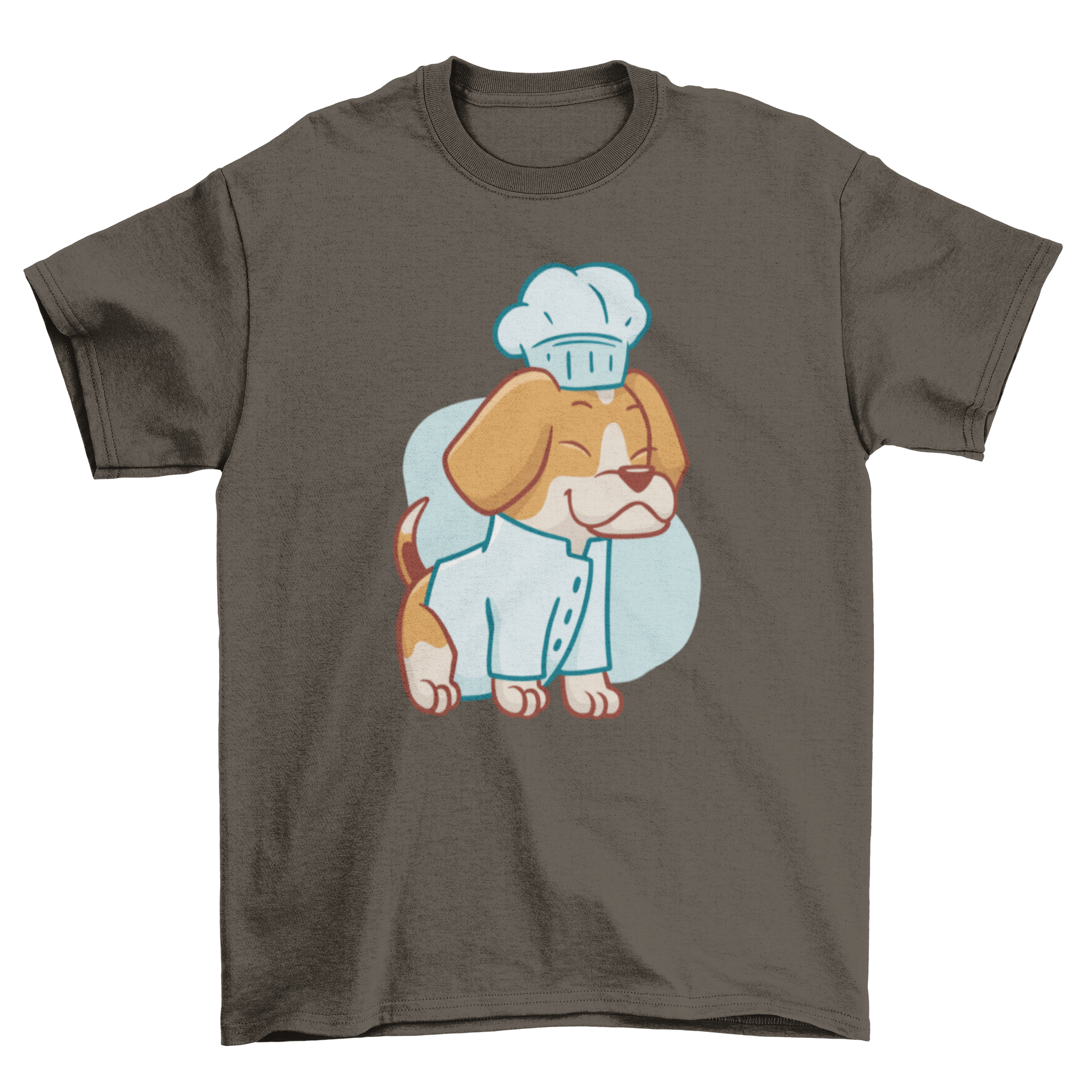 A cute t-shirt featuring a beagle dog dressed as a chef, showcasing a whimsical and playful design.