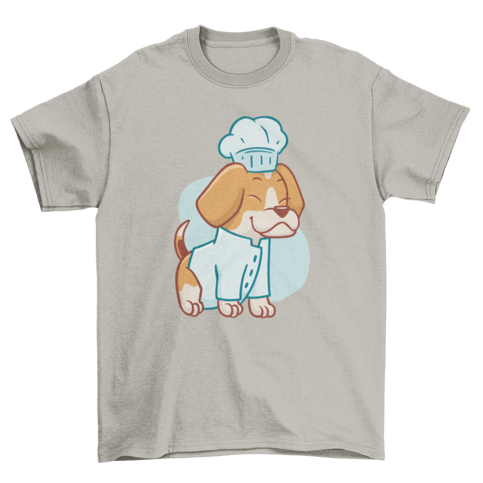 A cute t-shirt featuring a beagle dog dressed as a chef, showcasing a whimsical and playful design.