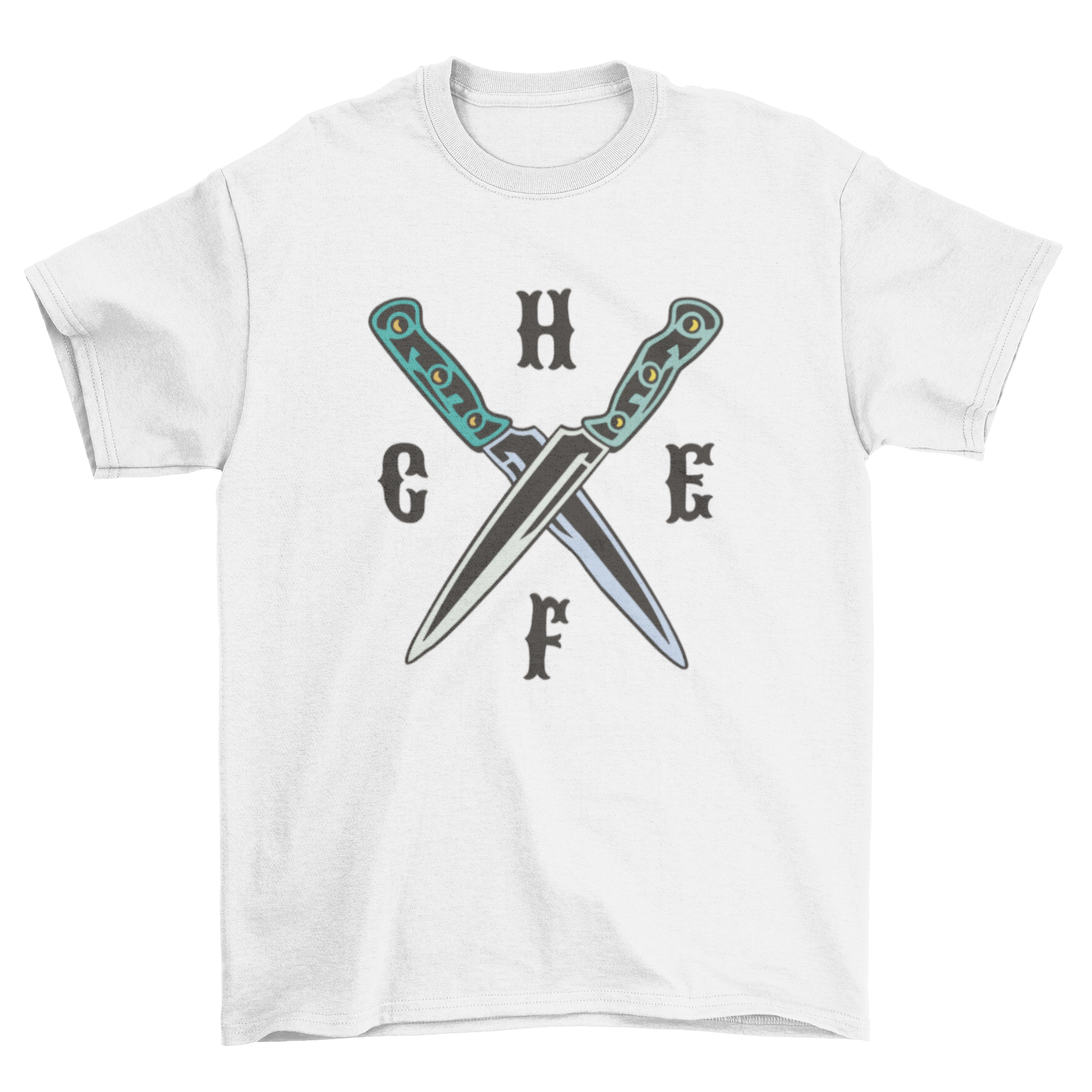 Chef knives t-shirt featuring crossed knives and the word 'Chef' in bold lettering.