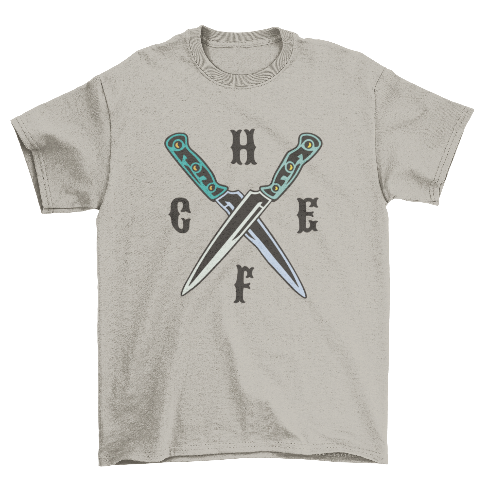 Chef knives t-shirt featuring crossed knives and the word 'Chef' in bold lettering.