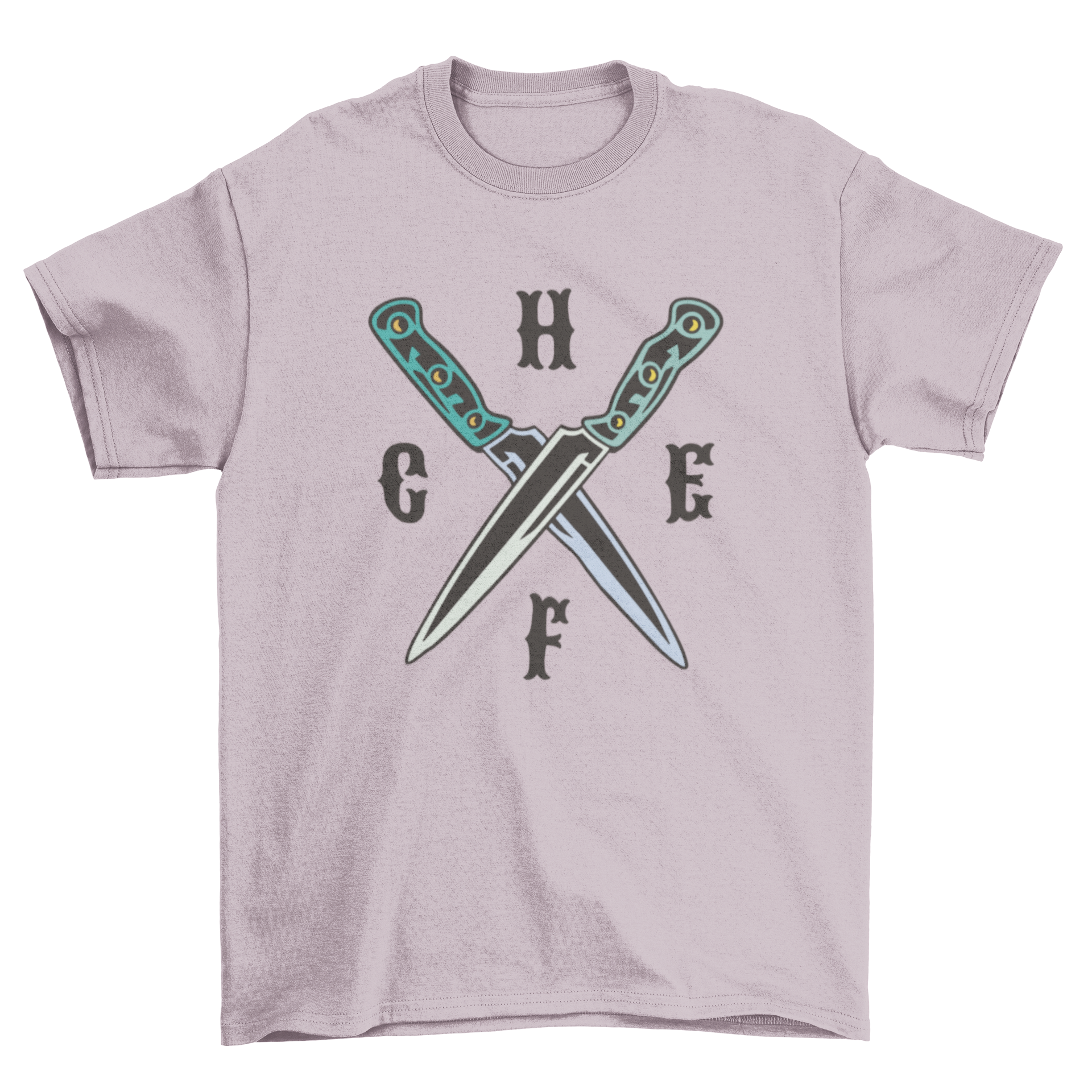 Chef knives t-shirt featuring crossed knives and the word 'Chef' in bold lettering.