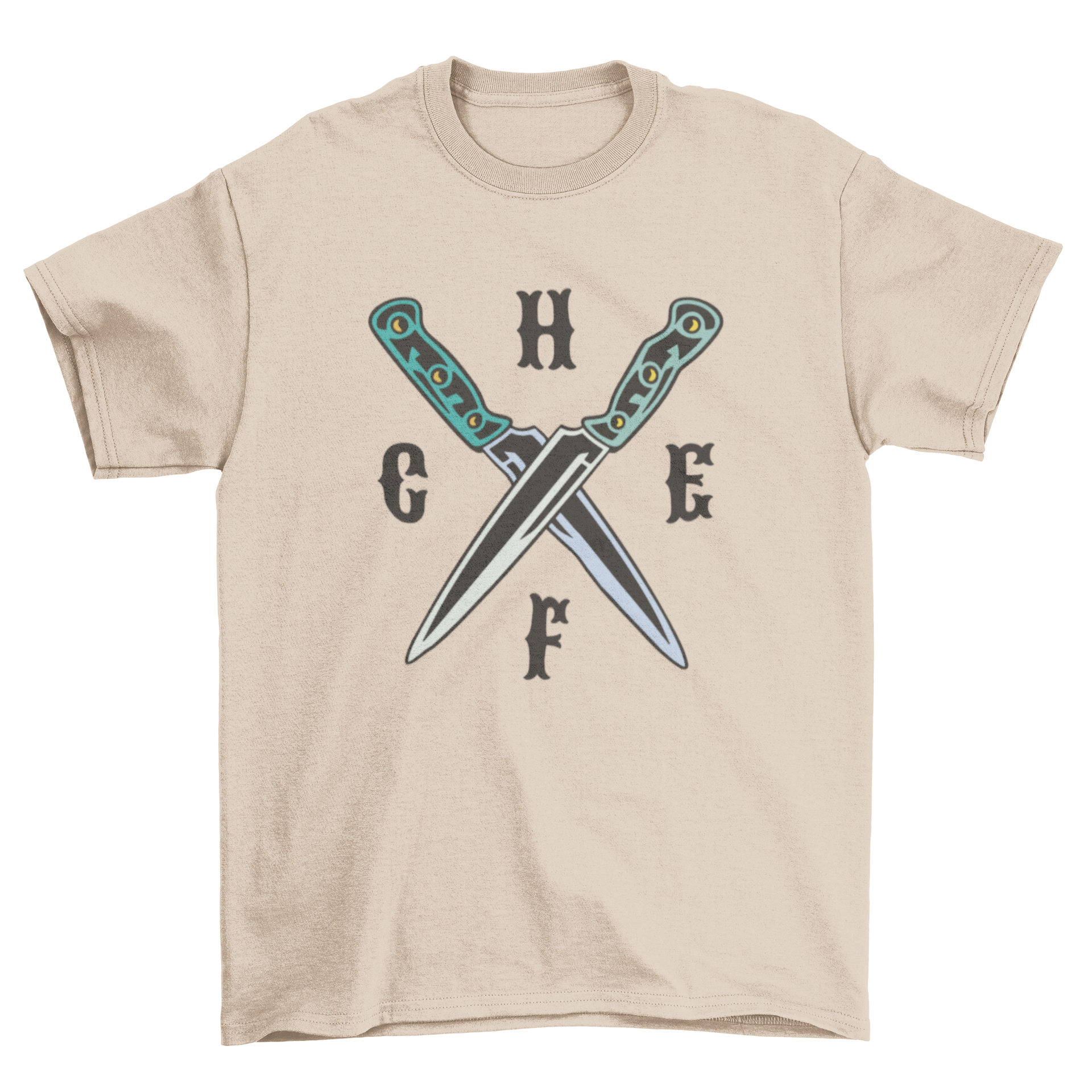 Chef knives t-shirt featuring crossed knives and the word 'Chef' in bold lettering.