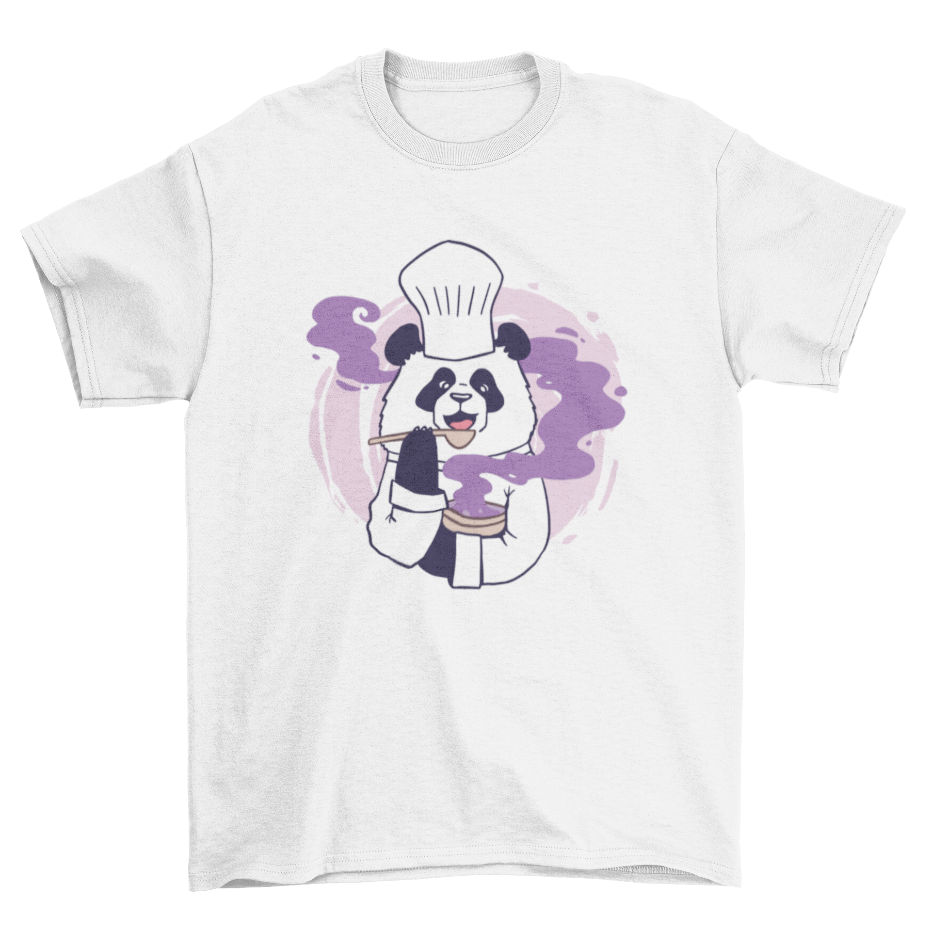 A cute t-shirt design featuring a panda chef cooking, showcasing vibrant colors and playful details.