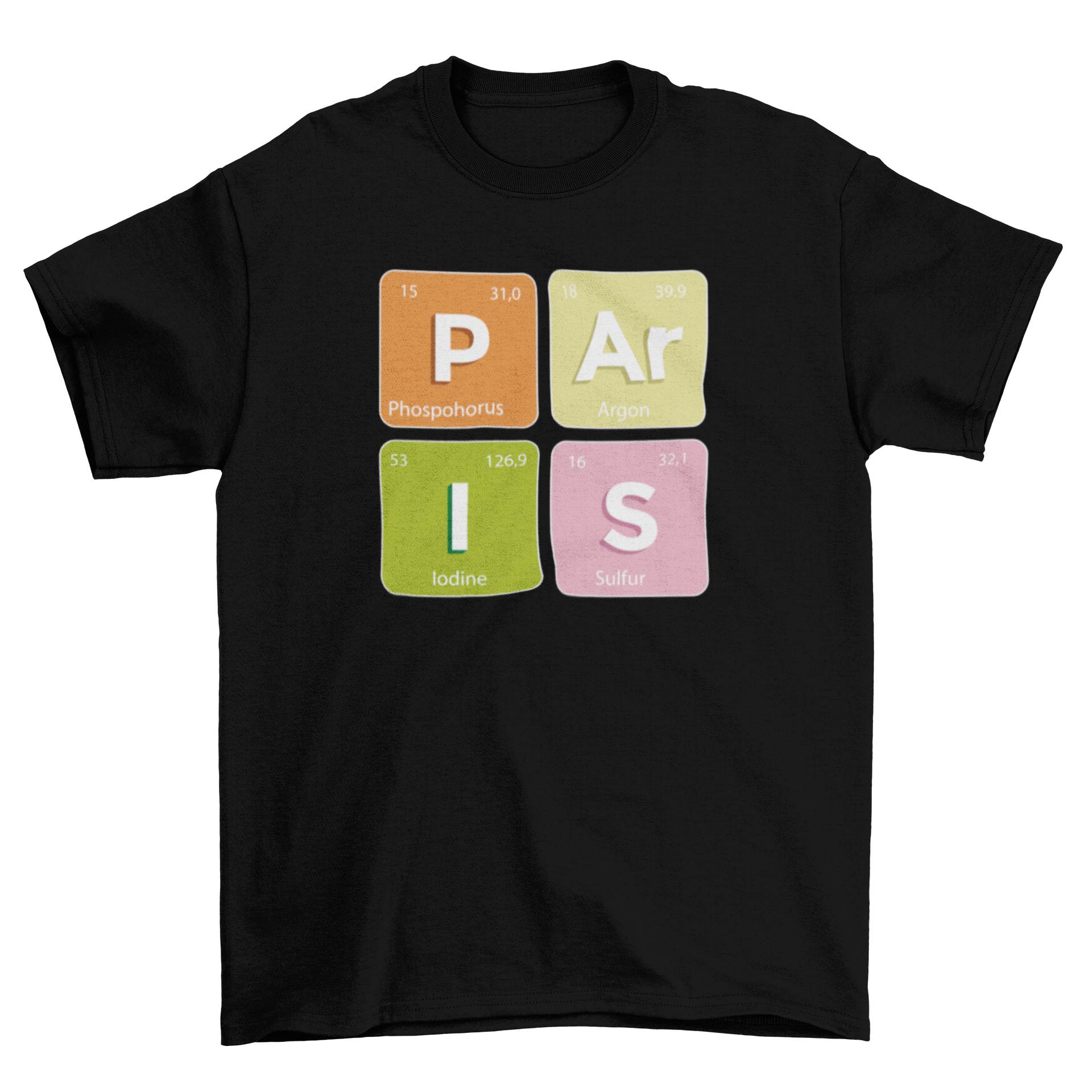 Chemical Paris elements t-shirt featuring four chemical symbols spelling 'Paris' in a stylish design.