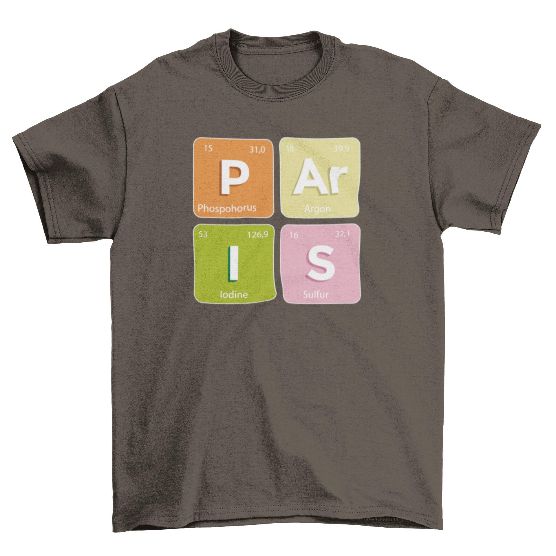 Chemical Paris elements t-shirt featuring four chemical symbols spelling 'Paris' in a stylish design.