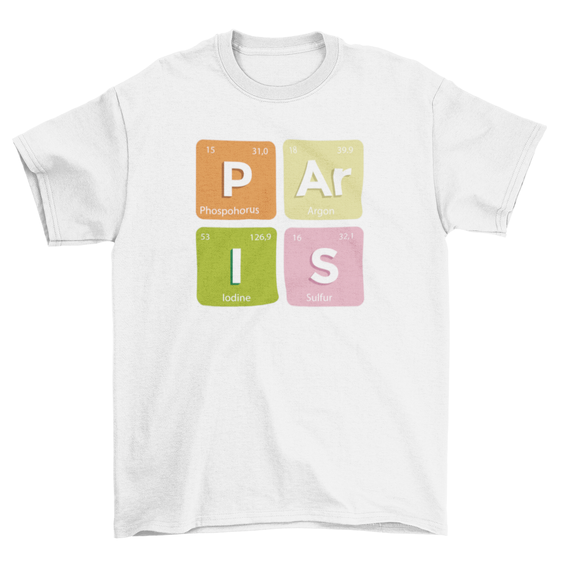 Chemical Paris elements t-shirt featuring four chemical symbols spelling 'Paris' in a stylish design.