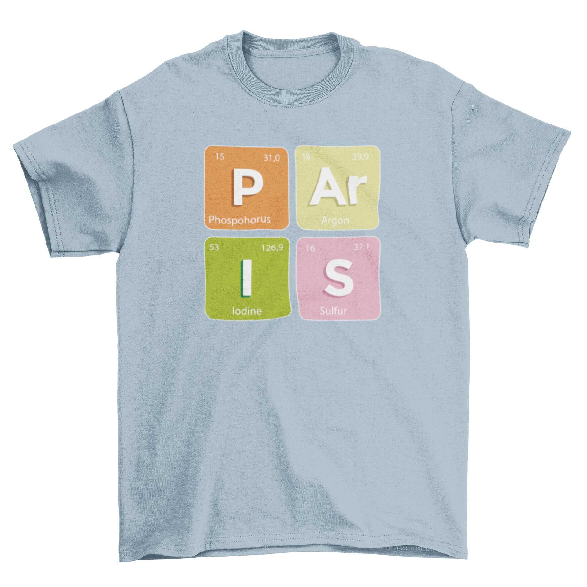 Chemical Paris elements t-shirt featuring four chemical symbols spelling 'Paris' in a stylish design.