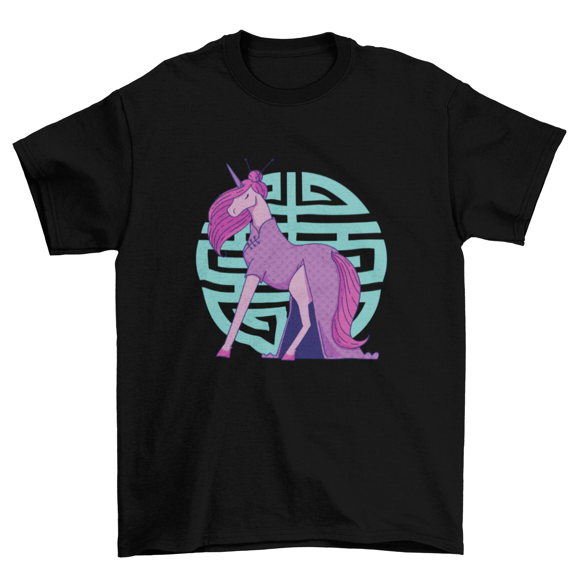 A vibrant t-shirt featuring a female unicorn in a traditional cheongsam dress, showcasing intricate details and colors.