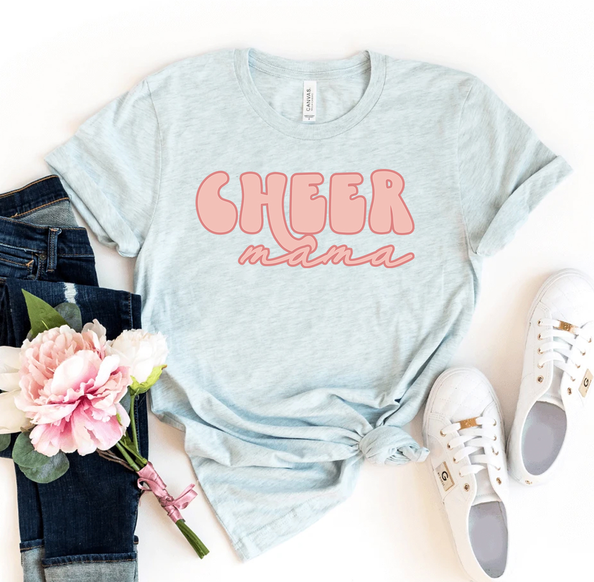 Cheer Mama T-shirt made of premium ring spun cotton with a stylish flex print design, available in various sizes.