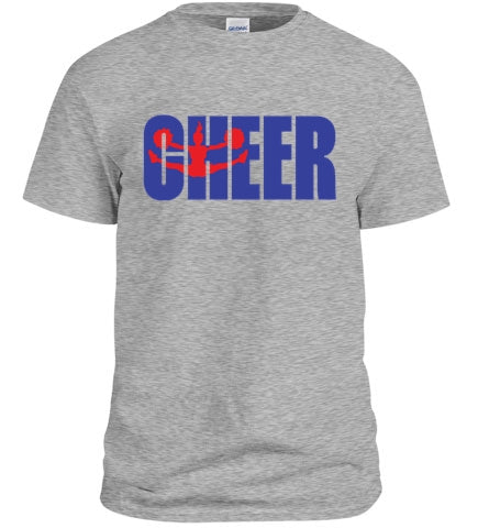 A customizable CHEER T-Shirt featuring vibrant colors and a cheerleader design, perfect for showcasing team spirit.