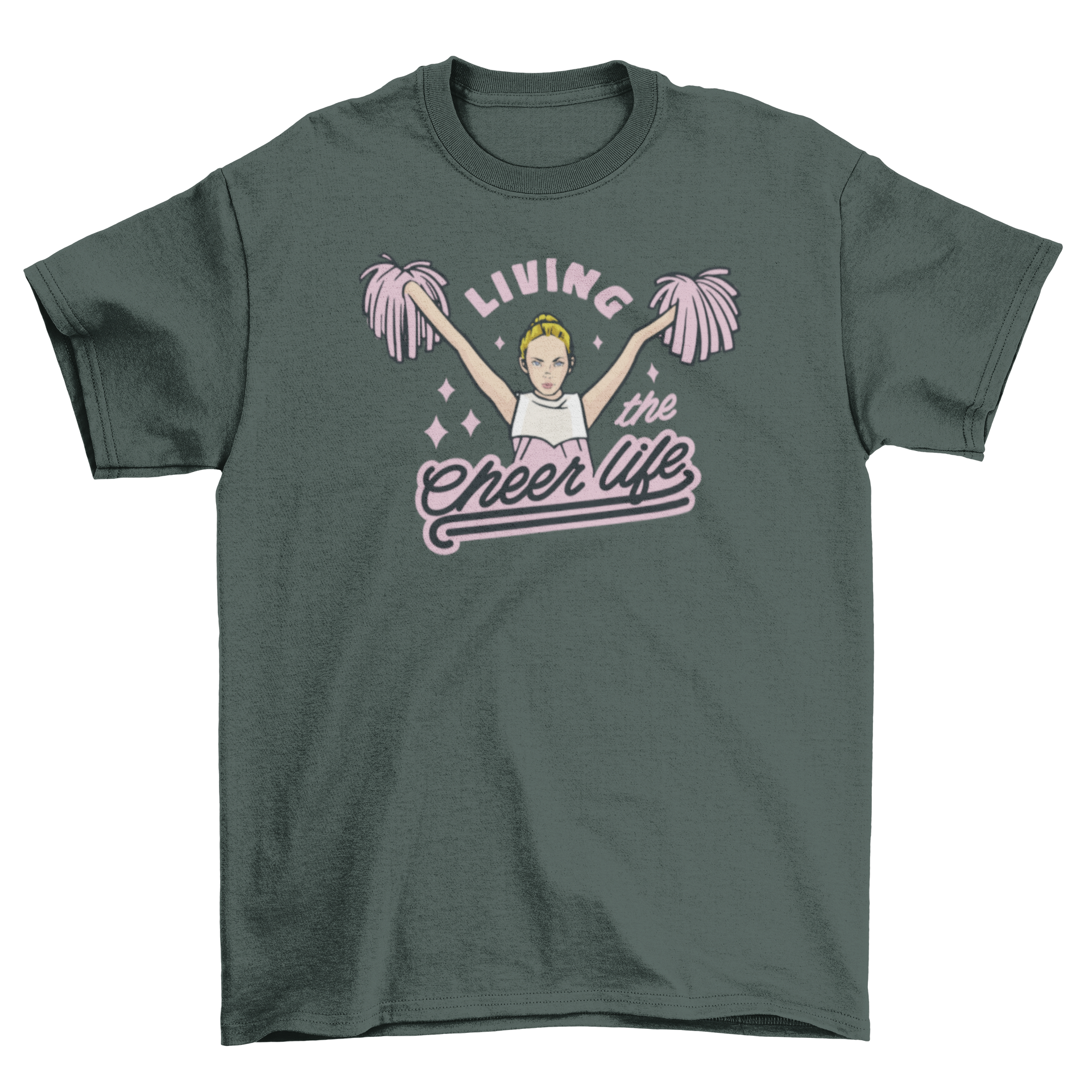 Cheerleader Life Girl T-Shirt featuring a girl with pom poms and the quote 'Living the cheer life'.